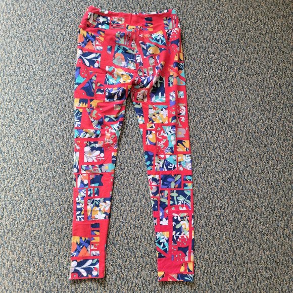OS LuLaRoe Soft Stretchy Leggings Red Blue Floral Print - Picture 8 of 9